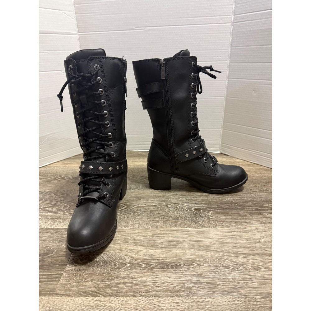 Harley-Davidson D87162 Black Leather Studded Moto Boots Womens Size 9M Combat